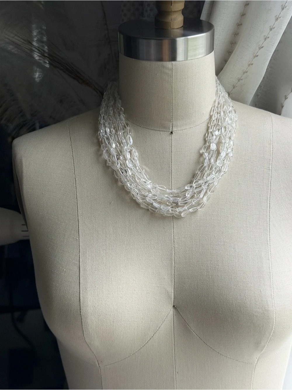 Rock Crytal Semi-Precious Clear Beads Multi-Strand Necklace 925 Sterling Silver